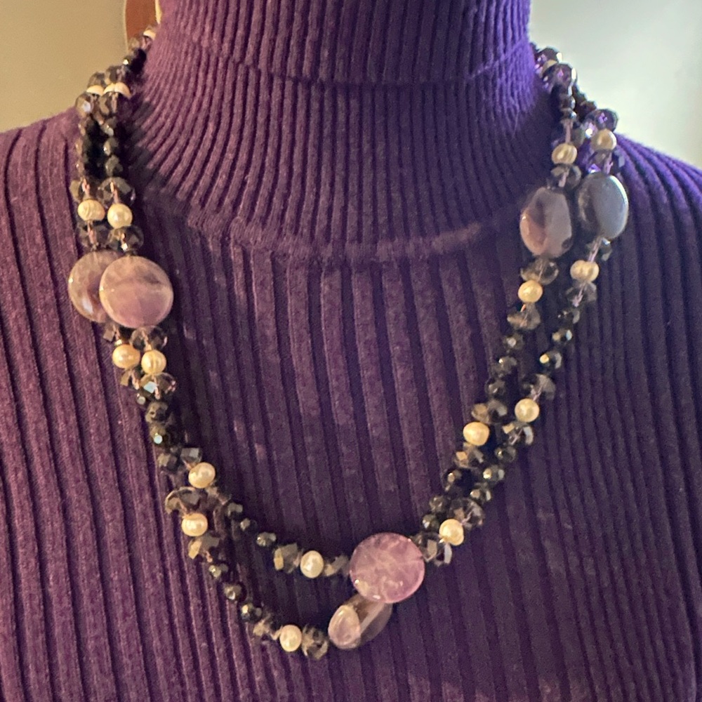 Purple, black glass bead/stone and pearl necklace